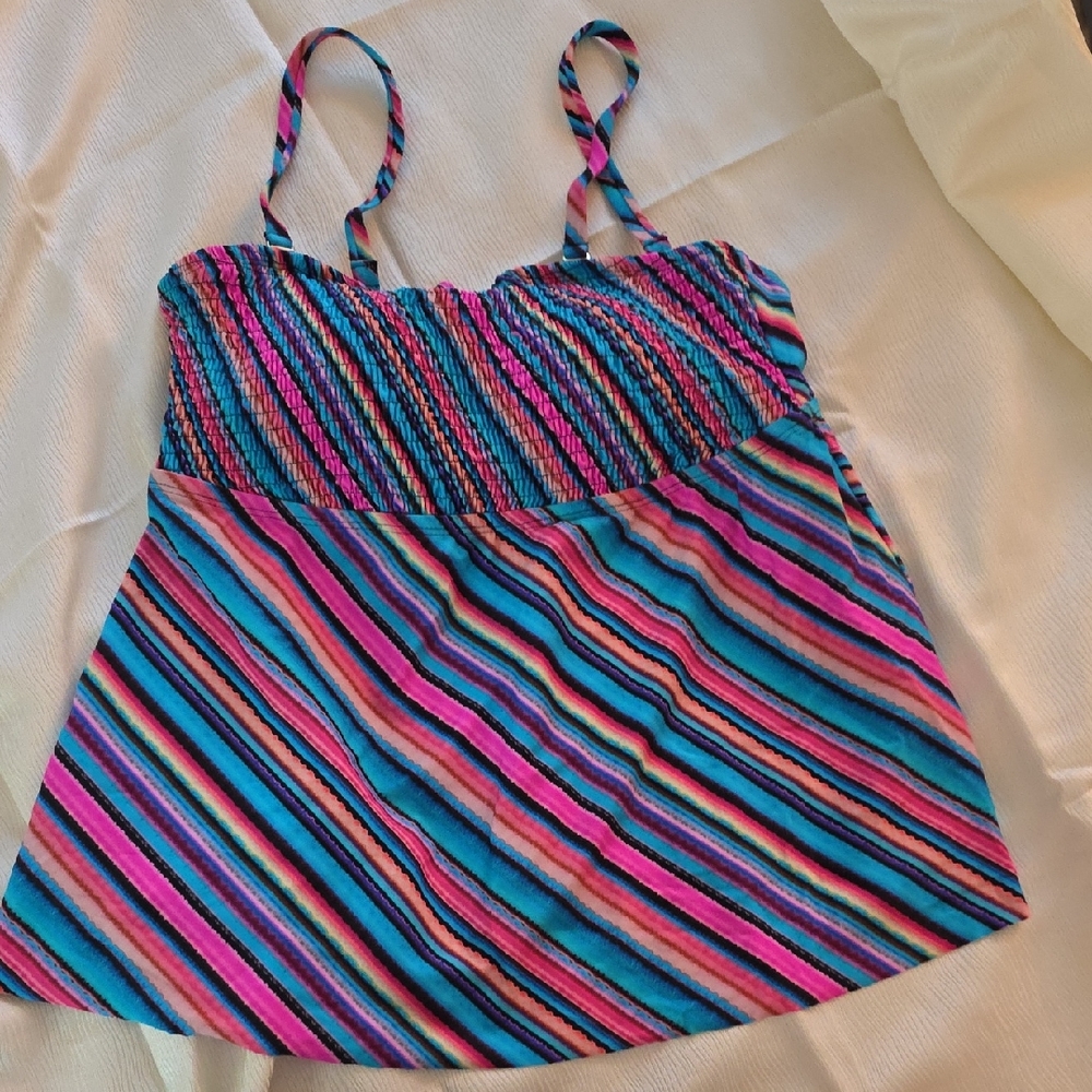 Striped Multicolor Tankini Top - Bright Blue & Pink